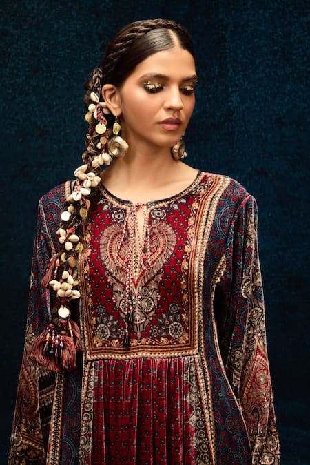 Shop_Rajdeep Ranawat_Blue Silk, Velvet Embroidery Open Neck Ajrakh Print Anarkali Tunic _Online_at_Aza_Fashions