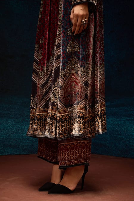 Buy_Rajdeep Ranawat_Blue Silk, Velvet Embroidery Open Neck Ajrakh Print Anarkali Tunic 