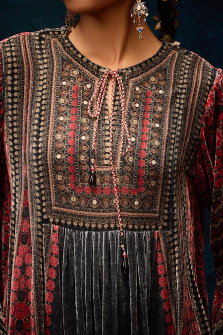 Shop Rajdeep Ranawat Black Silk, Velvet Embroidery Collared Ajrakh Print Anarkali Tunic Online at Aza Fashions Shop_Rajdeep Ranawat_Black Silk, Velvet Embroidery Collared Ajrakh Print Anarkali Tunic _Online_at_Aza_Fashions