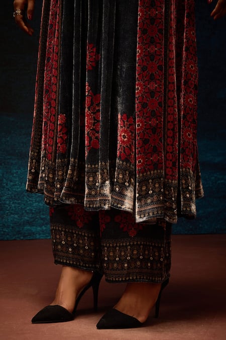 Rajdeep Ranawat Black Silk, Velvet Embroidery Collared Ajrakh Print Anarkali Tunic at Aza Fashions Rajdeep Ranawat_Black Silk, Velvet Embroidery Collared Ajrakh Print Anarkali Tunic _at_Aza_Fashions