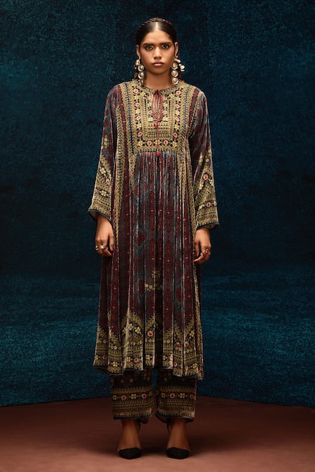 Rajdeep Ranawat_Blue Silk, Velvet Embroidery Turtle Neck Ajrakh Printed Anarkali Tunic _Online_at_Aza_Fashions