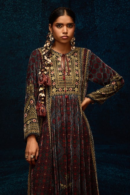 Buy_Rajdeep Ranawat_Blue Silk, Velvet Embroidery Turtle Neck Ajrakh Printed Anarkali Tunic _Online_at_Aza_Fashions