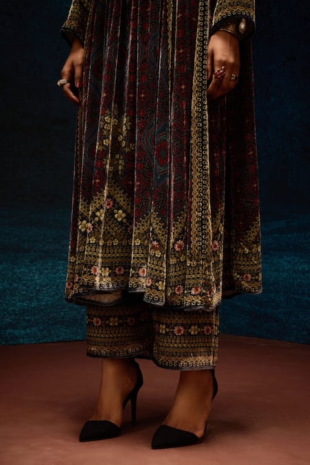 Shop_Rajdeep Ranawat_Blue Silk, Velvet Embroidery Turtle Neck Ajrakh Printed Anarkali Tunic _Online_at_Aza_Fashions