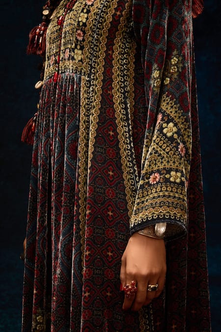 Rajdeep Ranawat_Blue Silk, Velvet Embroidery Turtle Neck Ajrakh Printed Anarkali Tunic _at_Aza_Fashions