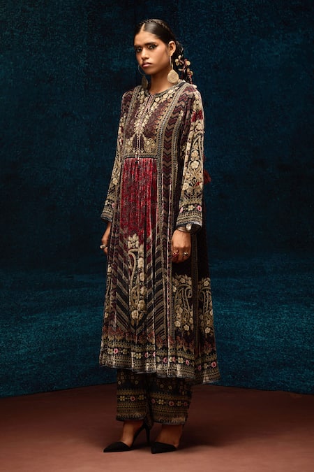 Rajdeep Ranawat_Multi Color Silk, Velvet Embroidery Open Neck Ajrakh Printed Anarkali Tunic _Online_at_Aza_Fashions