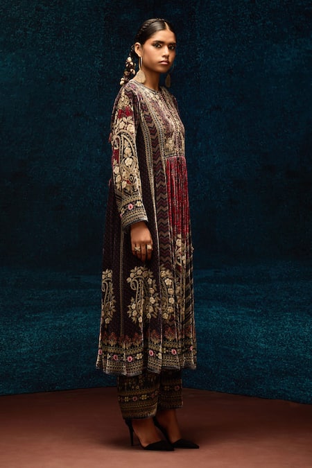 Buy_Rajdeep Ranawat_Multi Color Silk, Velvet Embroidery Open Neck Ajrakh Printed Anarkali Tunic _Online_at_Aza_Fashions