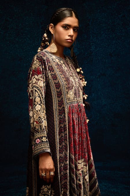 Shop_Rajdeep Ranawat_Multi Color Silk, Velvet Embroidery Open Neck Ajrakh Printed Anarkali Tunic _Online_at_Aza_Fashions