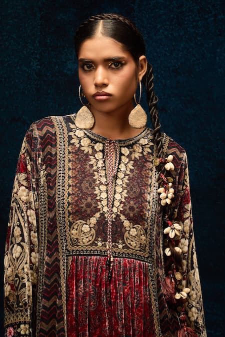 Rajdeep Ranawat_Multi Color Silk, Velvet Embroidery Open Neck Ajrakh Printed Anarkali Tunic _at_Aza_Fashions