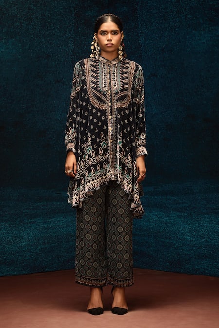 Rajdeep Ranawat_Black Silk, Velvet Embroidery Bandeau Neck Ajrakh Print Asymmetrical Tunic _Online_at_Aza_Fashions