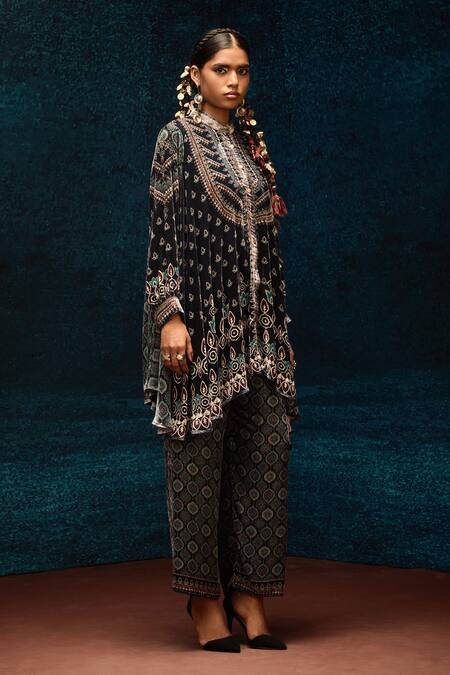 Buy_Rajdeep Ranawat_Black Silk, Velvet Embroidery Bandeau Neck Ajrakh Print Asymmetrical Tunic _Online_at_Aza_Fashions