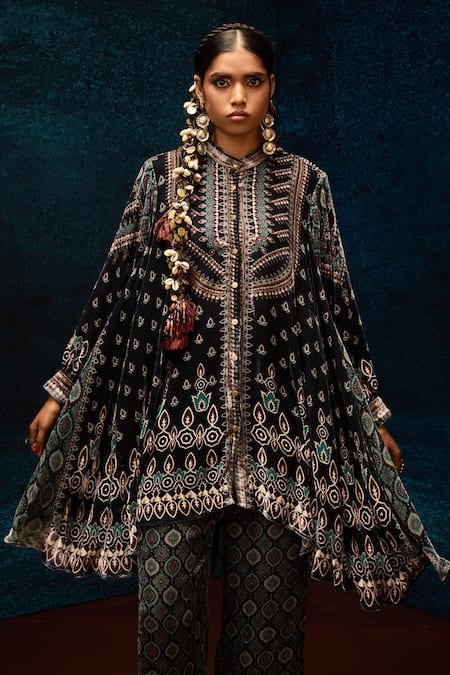 Shop_Rajdeep Ranawat_Black Silk, Velvet Embroidery Bandeau Neck Ajrakh Print Asymmetrical Tunic _Online_at_Aza_Fashions