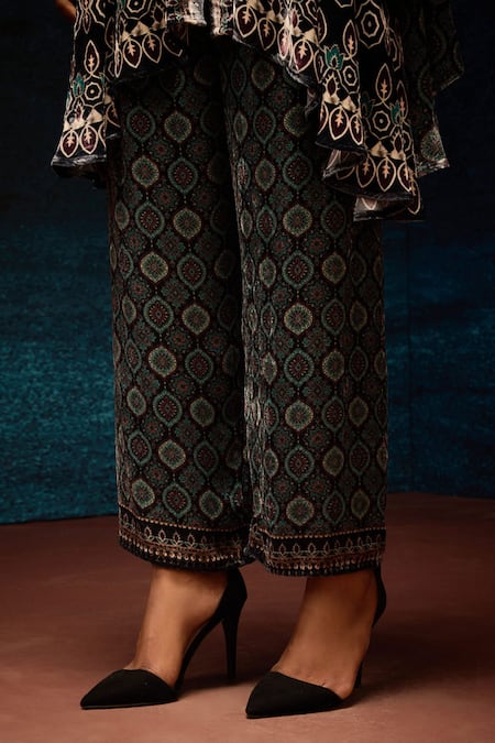 Rajdeep Ranawat_Black Silk, Velvet Embroidery Bandeau Neck Ajrakh Print Asymmetrical Tunic _at_Aza_Fashions
