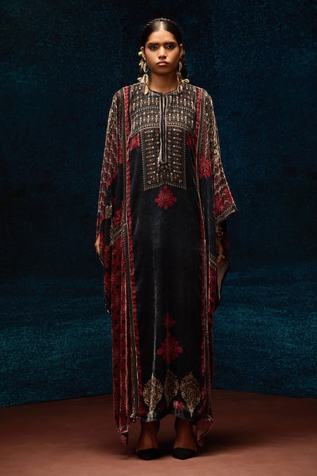Rajdeep Ranawat_Black Silk, Velvet Embroidery Open Neck Ajrakh Print Kaftan _Online_at_Aza_Fashions