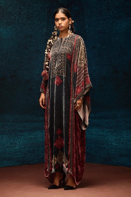 Buy_Rajdeep Ranawat_Black Silk, Velvet Embroidery Open Neck Ajrakh Print Kaftan _Online_at_Aza_Fashions