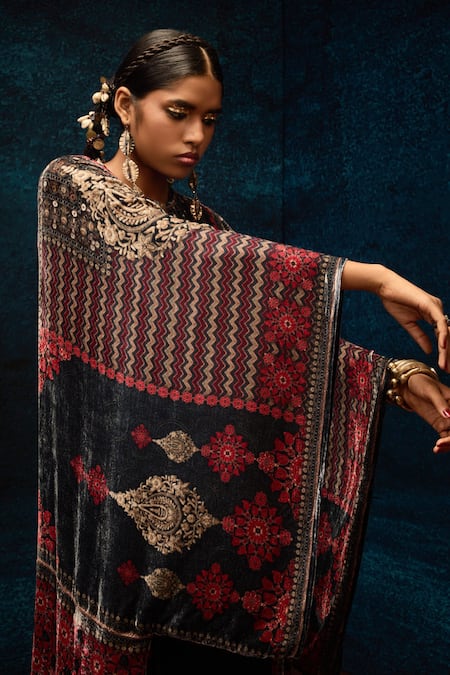 Shop_Rajdeep Ranawat_Black Silk, Velvet Embroidery Open Neck Ajrakh Print Kaftan _Online_at_Aza_Fashions