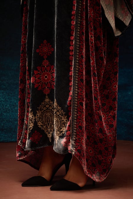Rajdeep Ranawat_Black Silk, Velvet Embroidery Open Neck Ajrakh Print Kaftan _at_Aza_Fashions