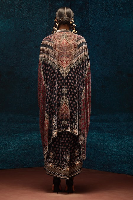 Shop_Rajdeep Ranawat_Multi Color Silk Embroidery Bandeau Neck Ajrakh Print Kaftan _at_Aza_Fashions