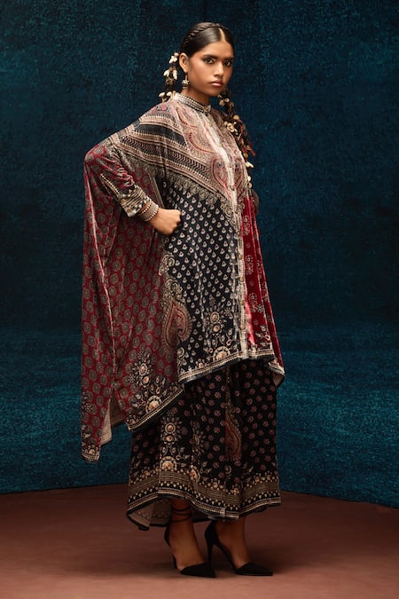 Rajdeep Ranawat_Multi Color Silk Embroidery Bandeau Neck Ajrakh Print Kaftan _Online_at_Aza_Fashions