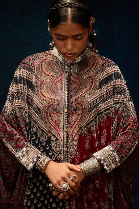 Buy_Rajdeep Ranawat_Multi Color Silk Embroidery Bandeau Neck Ajrakh Print Kaftan _Online_at_Aza_Fashions