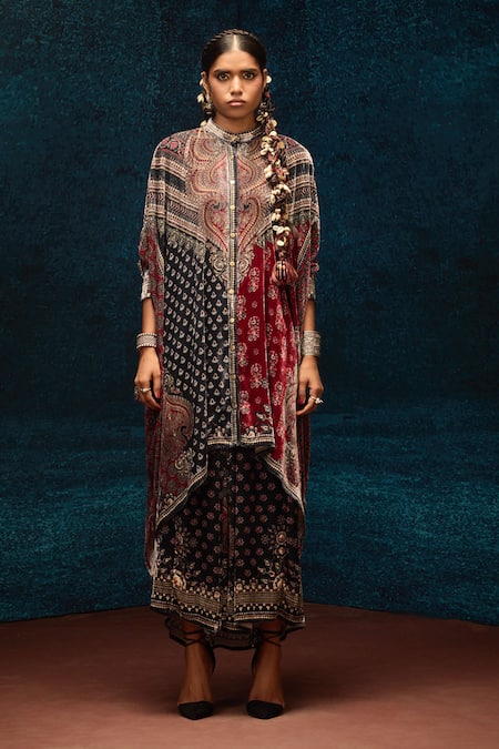 Rajdeep Ranawat_Multi Color Silk Embroidery Bandeau Neck Ajrakh Print Kaftan _at_Aza_Fashions