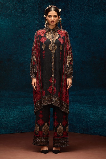 Rajdeep Ranawat_Black Silk, Velvet Embroidery Collared Ajrakh Print Kaftan Shirt _Online_at_Aza_Fashions