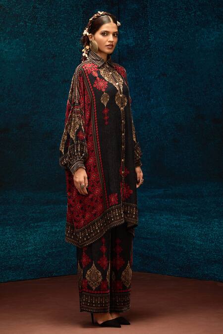 Buy_Rajdeep Ranawat_Black Silk, Velvet Embroidery Collared Ajrakh Print Kaftan Shirt _Online_at_Aza_Fashions