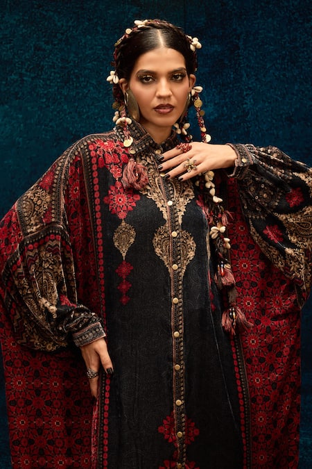 Shop_Rajdeep Ranawat_Black Silk, Velvet Embroidery Collared Ajrakh Print Kaftan Shirt _Online_at_Aza_Fashions
