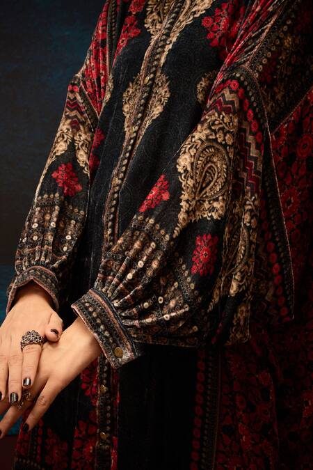Rajdeep Ranawat_Black Silk, Velvet Embroidery Collared Ajrakh Print Kaftan Shirt _at_Aza_Fashions