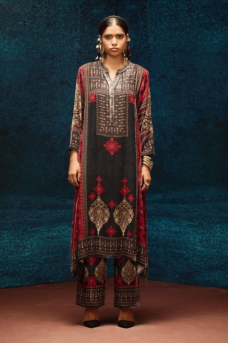Rajdeep Ranawat_Black Silk, Velvet Bandeau Neck Ajrakh Print Tunic _Online_at_Aza_Fashions