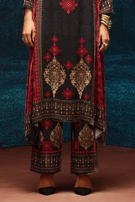Buy_Rajdeep Ranawat_Black Silk, Velvet Bandeau Neck Ajrakh Print Tunic _Online_at_Aza_Fashions