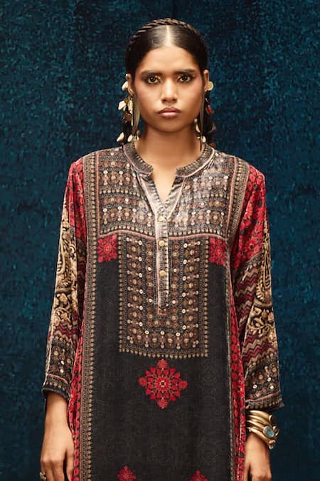 Shop_Rajdeep Ranawat_Black Silk, Velvet Bandeau Neck Ajrakh Print Tunic _Online_at_Aza_Fashions
