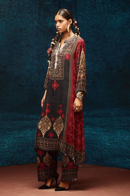 Rajdeep Ranawat_Black Silk, Velvet Bandeau Neck Ajrakh Print Tunic _at_Aza_Fashions