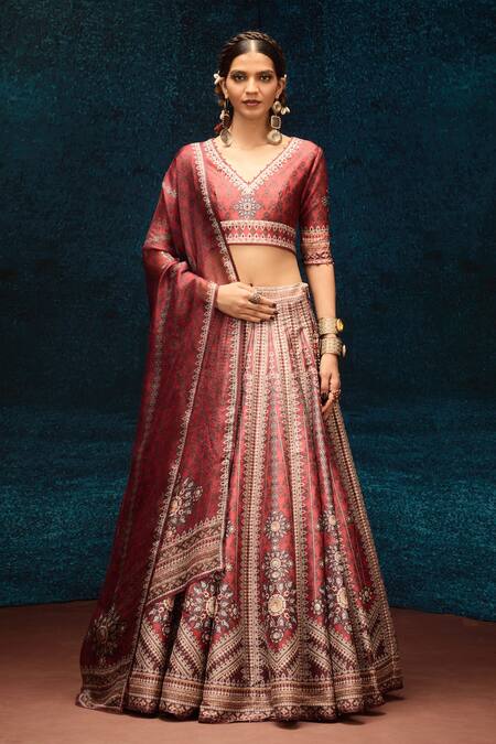 Rajdeep Ranawat_Pink Denim, Kota Doria Beads V-neck Ajrakh Print Lehenga And Blouse Set _Online_at_Aza_Fashions