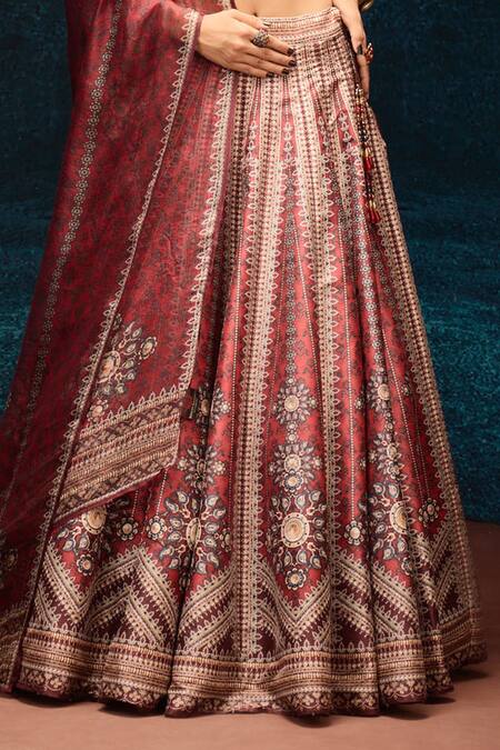 Buy_Rajdeep Ranawat_Pink Denim, Kota Doria Beads V-neck Ajrakh Print Lehenga And Blouse Set _Online_at_Aza_Fashions