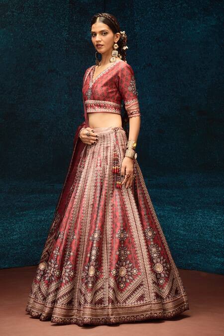 Shop_Rajdeep Ranawat_Pink Denim, Kota Doria Beads V-neck Ajrakh Print Lehenga And Blouse Set _Online_at_Aza_Fashions