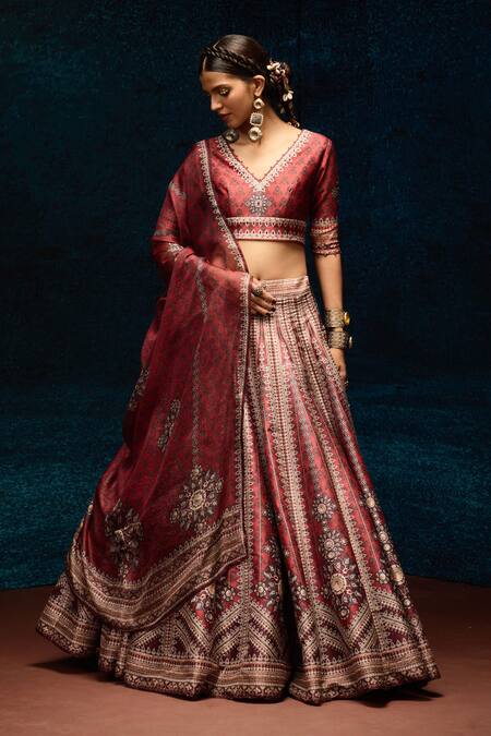 Buy_Rajdeep Ranawat_Pink Denim, Kota Doria Beads V-neck Ajrakh Print Lehenga And Blouse Set 