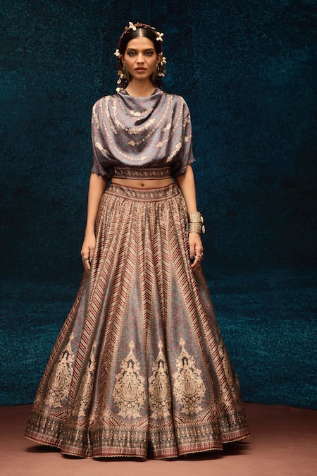 Rajdeep Ranawat Ajrakh Print Cowl Neck Crop Top & Lehenga 