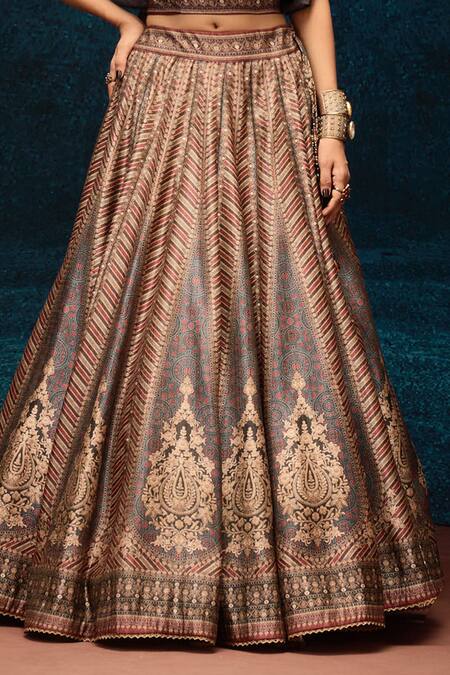 Rajdeep Ranawat_Blue Modal, Satin, Denim Tassels, Embroidery Ajrakh Print Crop Top And Lehenga _Online_at_Aza_Fashions