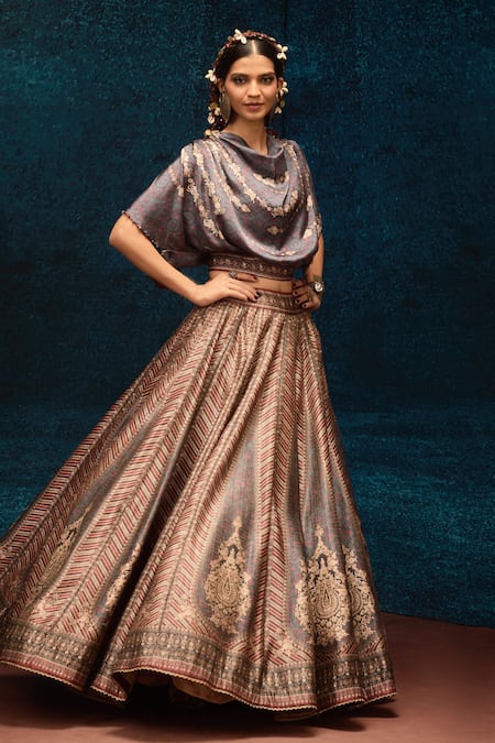 Buy_Rajdeep Ranawat_Blue Modal, Satin, Denim Tassels, Embroidery Ajrakh Print Crop Top And Lehenga _Online_at_Aza_Fashions