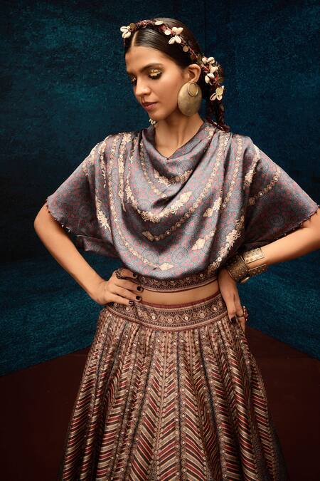 Shop_Rajdeep Ranawat_Blue Modal, Satin, Denim Tassels, Embroidery Ajrakh Print Crop Top And Lehenga _Online_at_Aza_Fashions