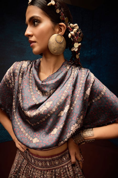 Rajdeep Ranawat_Blue Modal, Satin, Denim Tassels, Embroidery Ajrakh Print Crop Top And Lehenga _at_Aza_Fashions