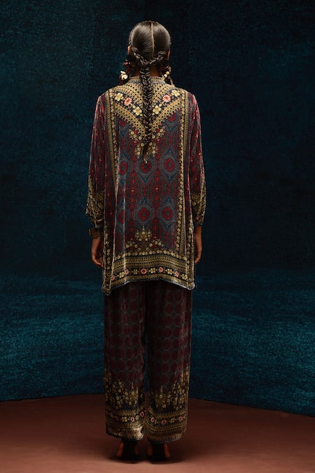 Shop_Rajdeep Ranawat_Blue Silk, Velvet Embroidery Ajrakh Print Pant _at_Aza_Fashions