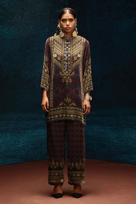 Rajdeep Ranawat_Blue Silk, Velvet Embroidery Ajrakh Print Pant _Online_at_Aza_Fashions