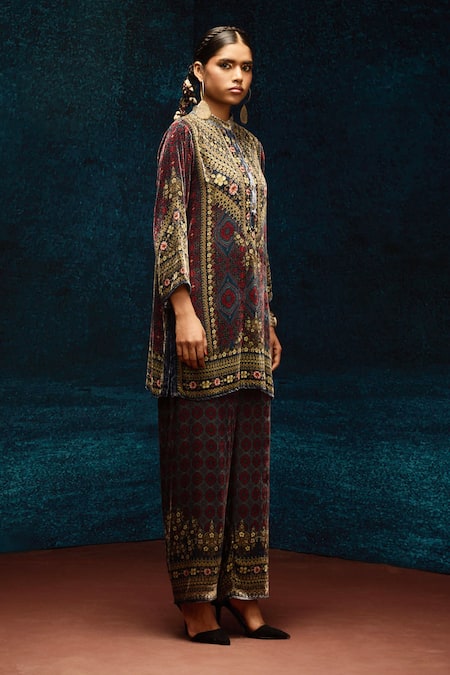 Buy_Rajdeep Ranawat_Blue Silk, Velvet Embroidery Ajrakh Print Pant _Online_at_Aza_Fashions