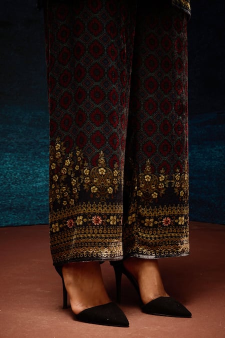 Shop_Rajdeep Ranawat_Blue Silk, Velvet Embroidery Ajrakh Print Pant _Online_at_Aza_Fashions
