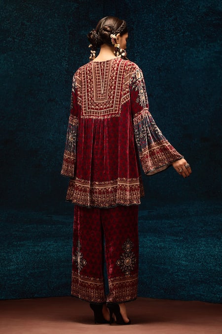 Shop Rajdeep Ranawat Maroon Silk, Velvet Ajrakh Print Straight Pant at Aza Fashions Shop_Rajdeep Ranawat_Maroon Silk, Velvet Ajrakh Print Straight Pant _at_Aza_Fashions