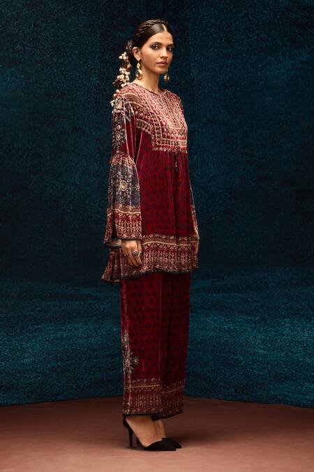 Rajdeep Ranawat Maroon Silk, Velvet Ajrakh Print Straight Pant Online at Aza Fashions Rajdeep Ranawat_Maroon Silk, Velvet Ajrakh Print Straight Pant _Online_at_Aza_Fashions
