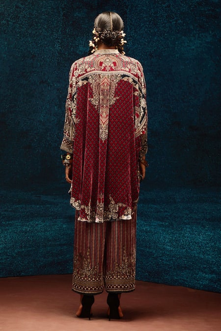 Shop Rajdeep Ranawat Maroon Silk, Velvet Embroidery Ajrakh Printed Pant at Aza Fashions Shop_Rajdeep Ranawat_Maroon Silk, Velvet Embroidery Ajrakh Printed Pant _at_Aza_Fashions