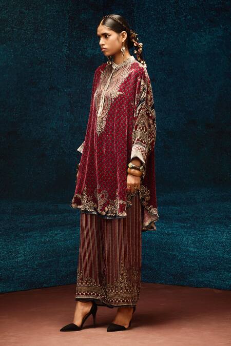 Rajdeep Ranawat Maroon Silk, Velvet Embroidery Ajrakh Printed Pant Online at Aza Fashions Rajdeep Ranawat_Maroon Silk, Velvet Embroidery Ajrakh Printed Pant _Online_at_Aza_Fashions