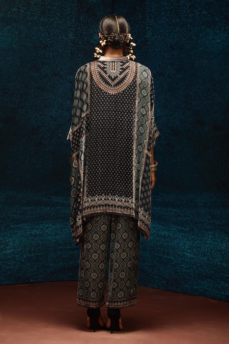 Shop_Rajdeep Ranawat_Black Silk Embroidery Ajrakh Printed Velvet Pant _at_Aza_Fashions
